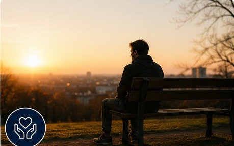 A person seated alone overlooking a city at sunset