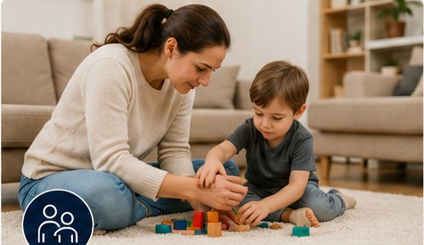 A parent supporting a young child during an everyday activity