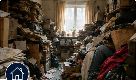 A domestic interior containing a substantial accumulation of possessions
