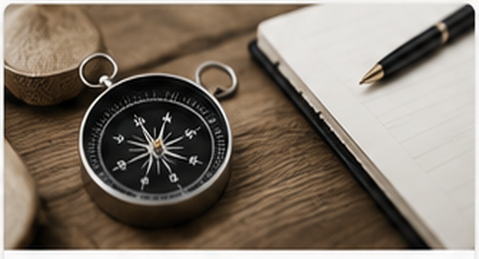 Professional guidance materials, notebook and compass arranged as a resource library